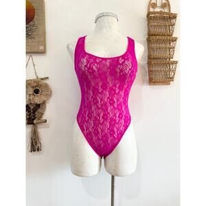 80s NOS Neon PInk Lace Bodysuit size medium